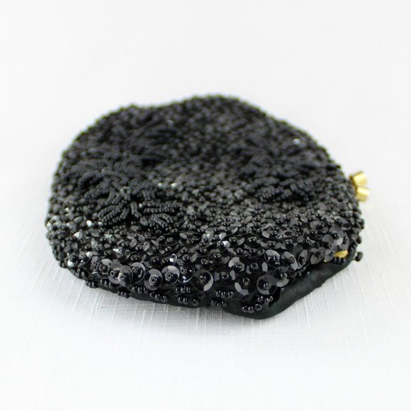 Vintage Black Beaded Purse Kiss Clasp Pouch Purse Frame Serpent Chain Gold PU30 - Picture 7 of 11